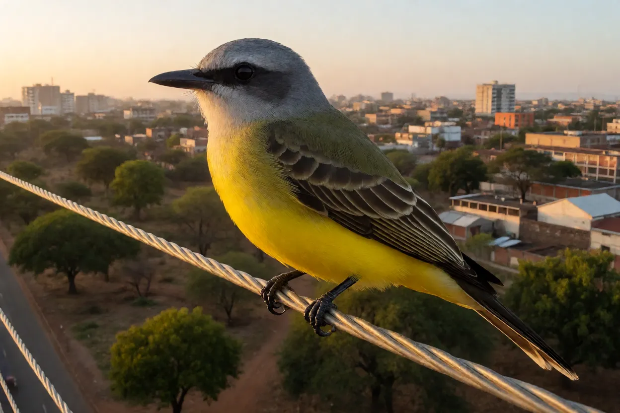Suiriri pousado em fio elétrico ao amanhecer mostrando barriga amarela