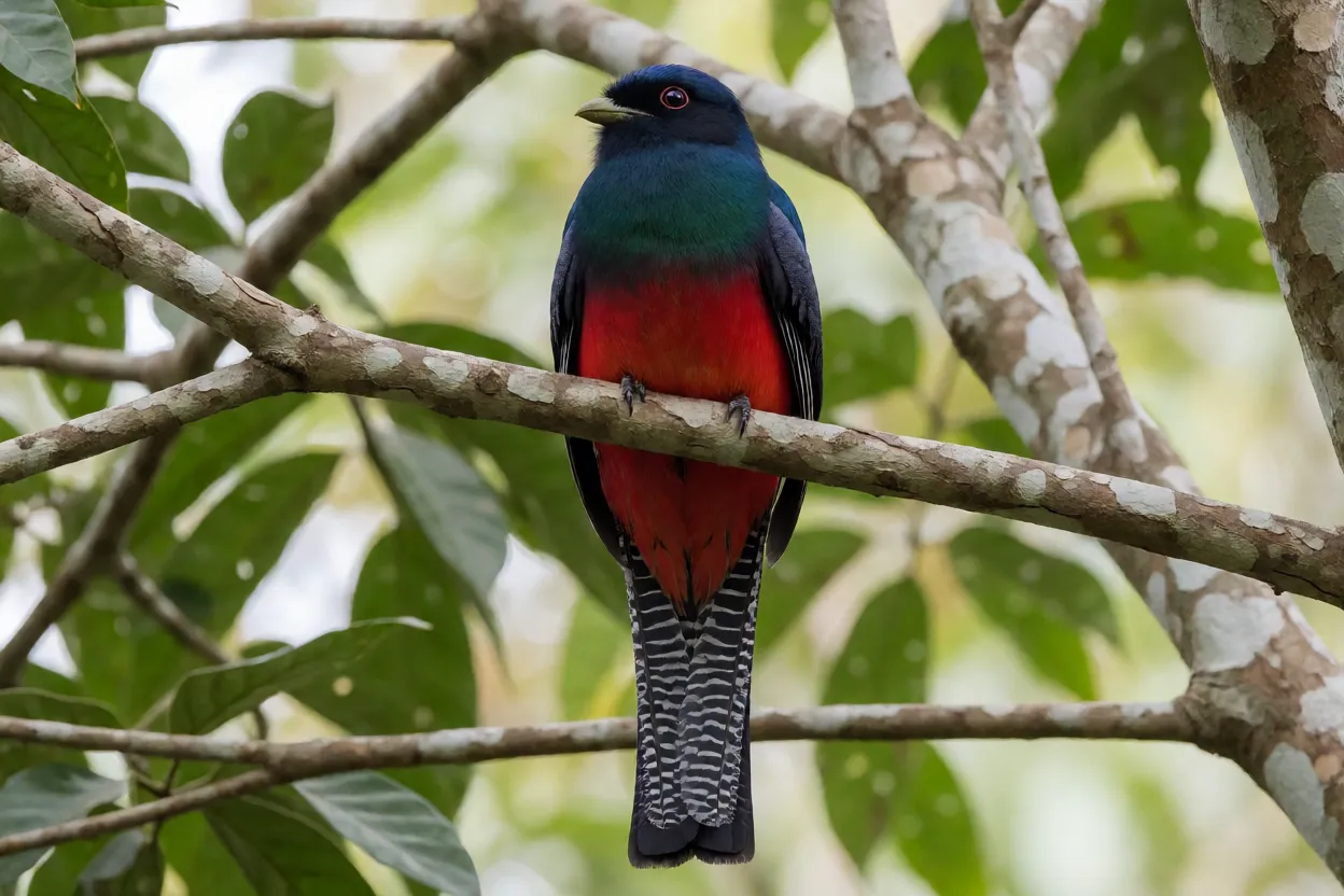 Surucuá-de-barriga-vermelha macho pousado em galho mostrando barriga vermelha e dorso verde