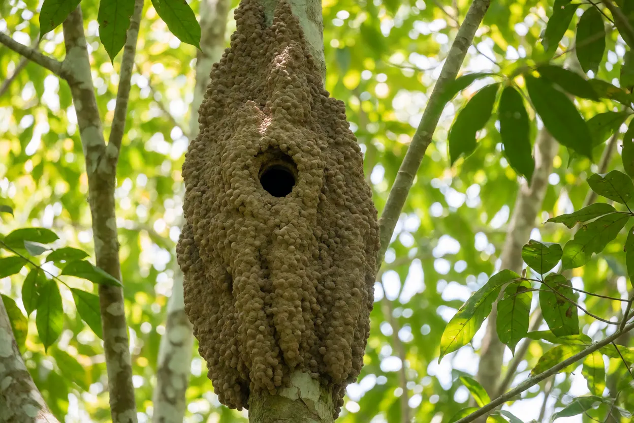 Ninho do surucuá-de-barriga-vermelha escavado em cupinzeiro arborícola