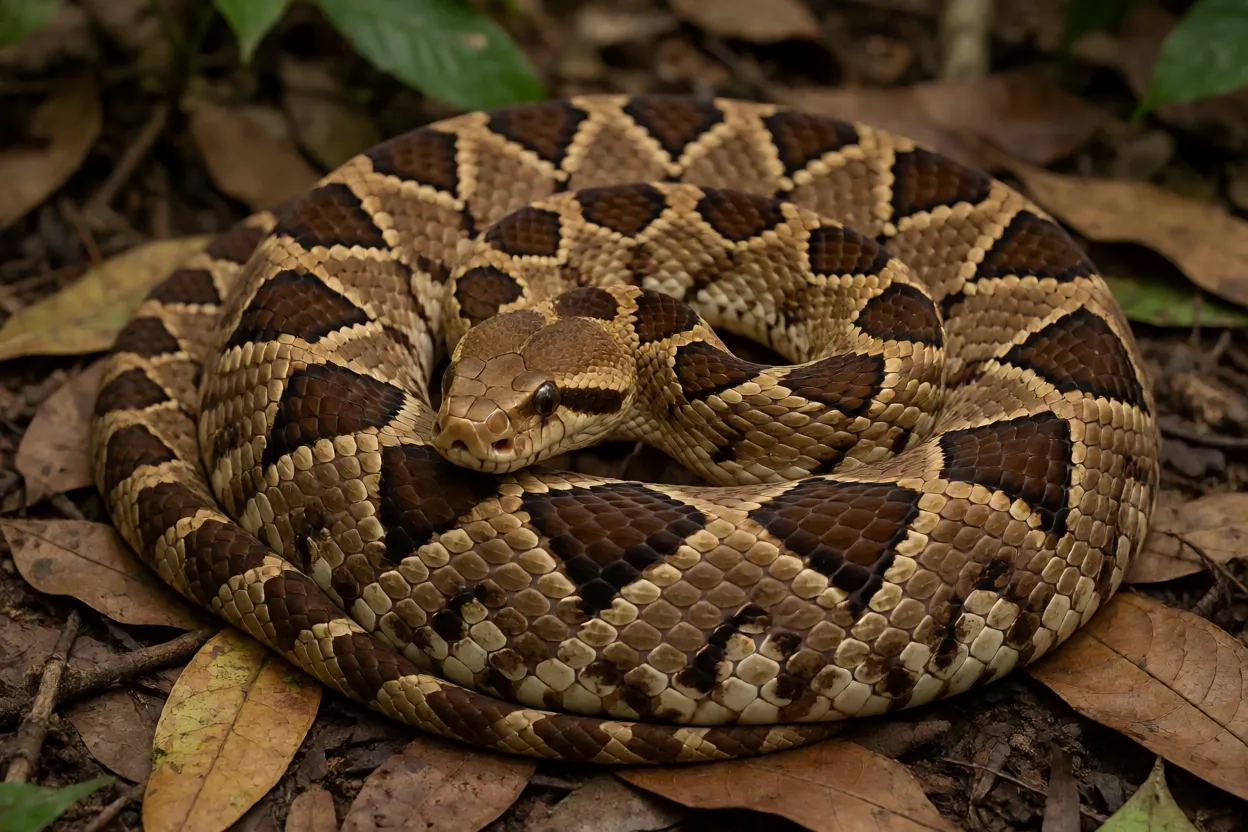 Surucucu-pico-de-jaca Surucucu-pico-de-jaca adulta enrolada no chão da floresta amazônica