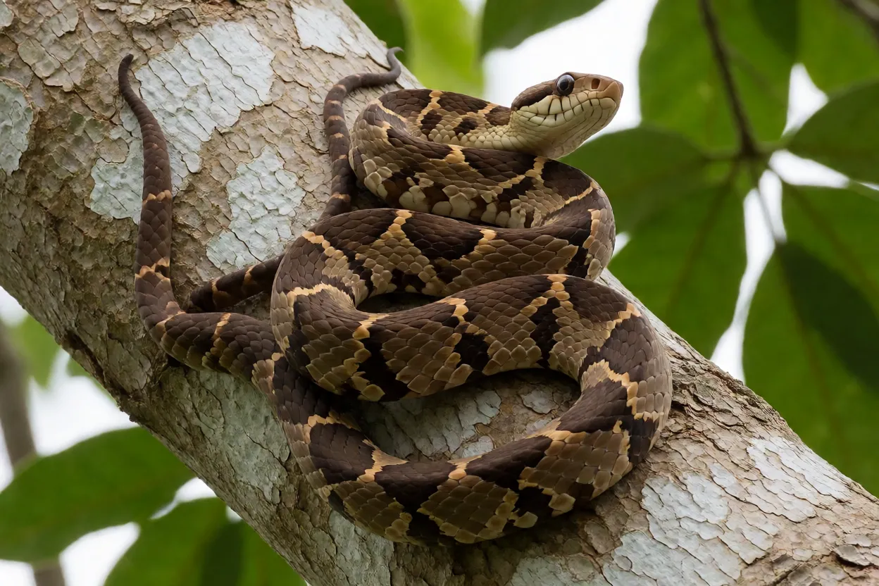 Surucucutinga em postura defensiva em galho, corpo em S