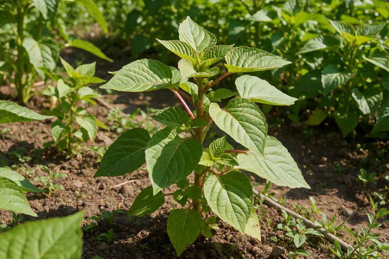 Planta jovem de sururu tipo caruru crescendo em canteiro de horta ao sol