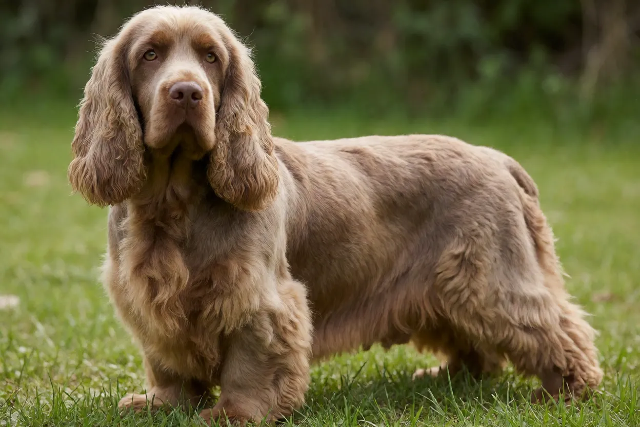 Sussex Spaniel adulto de corpo inteiro em pé na grama, pelagem dourado fígado
