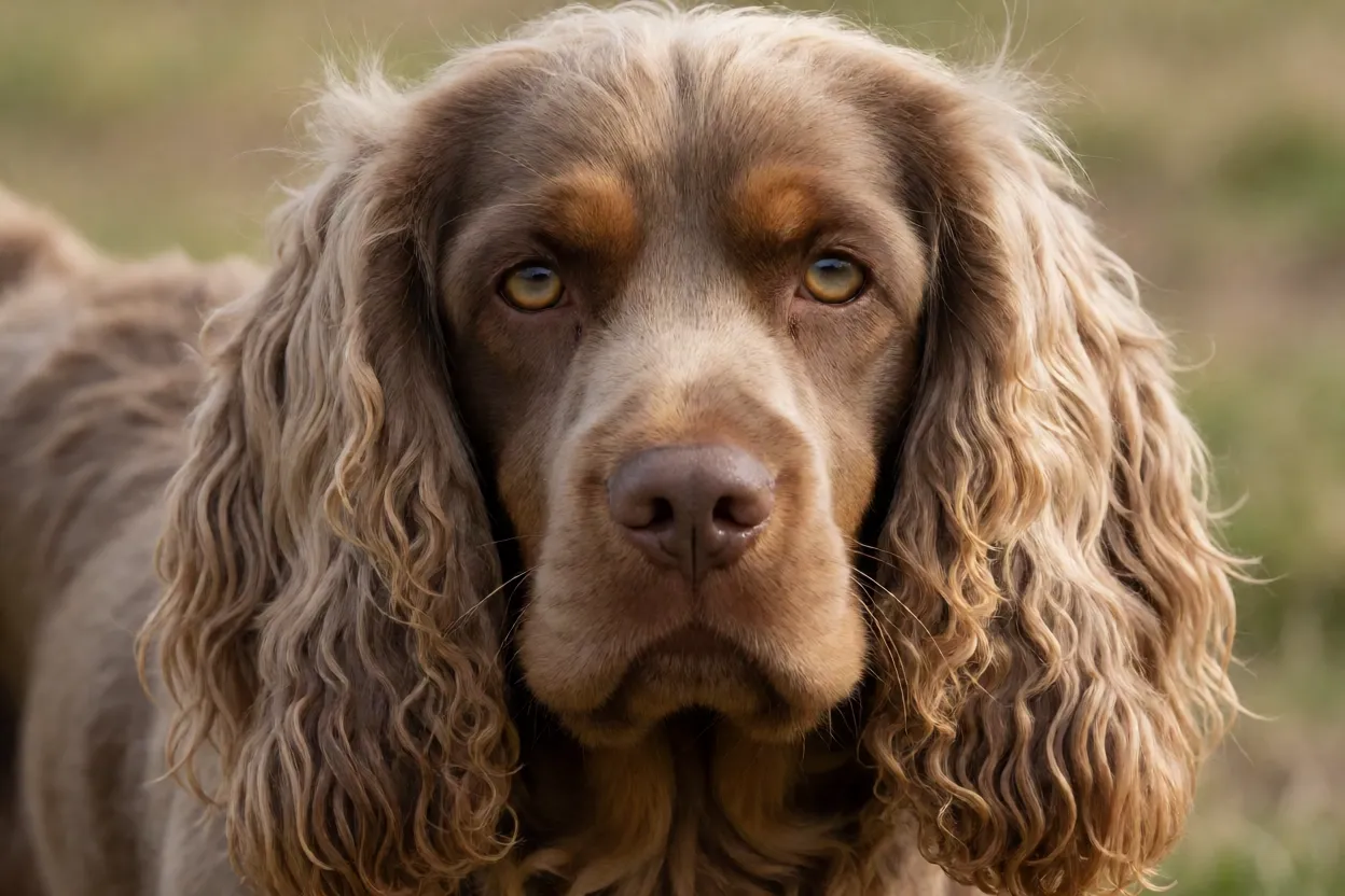 Retrato close-up da face do Sussex Spaniel com olhos cor de avelã