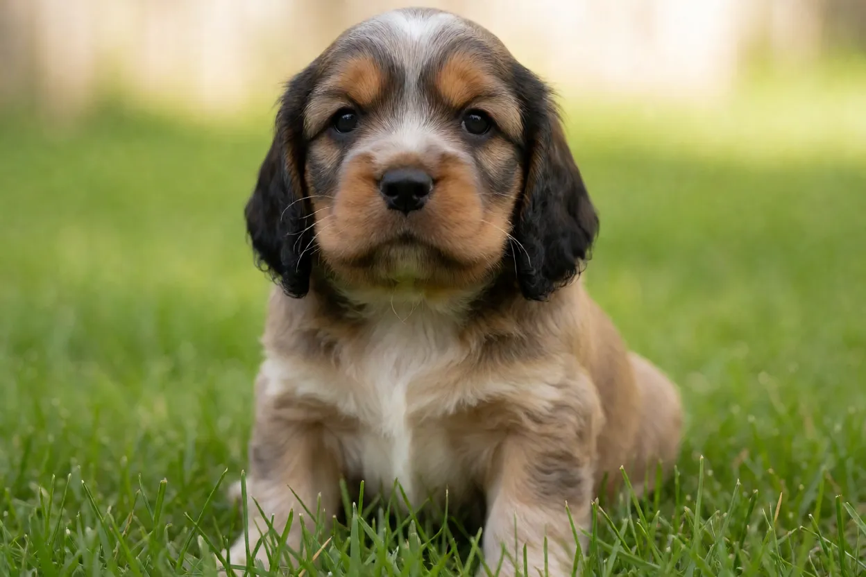 Filhote de Sussex Spaniel sentado na grama