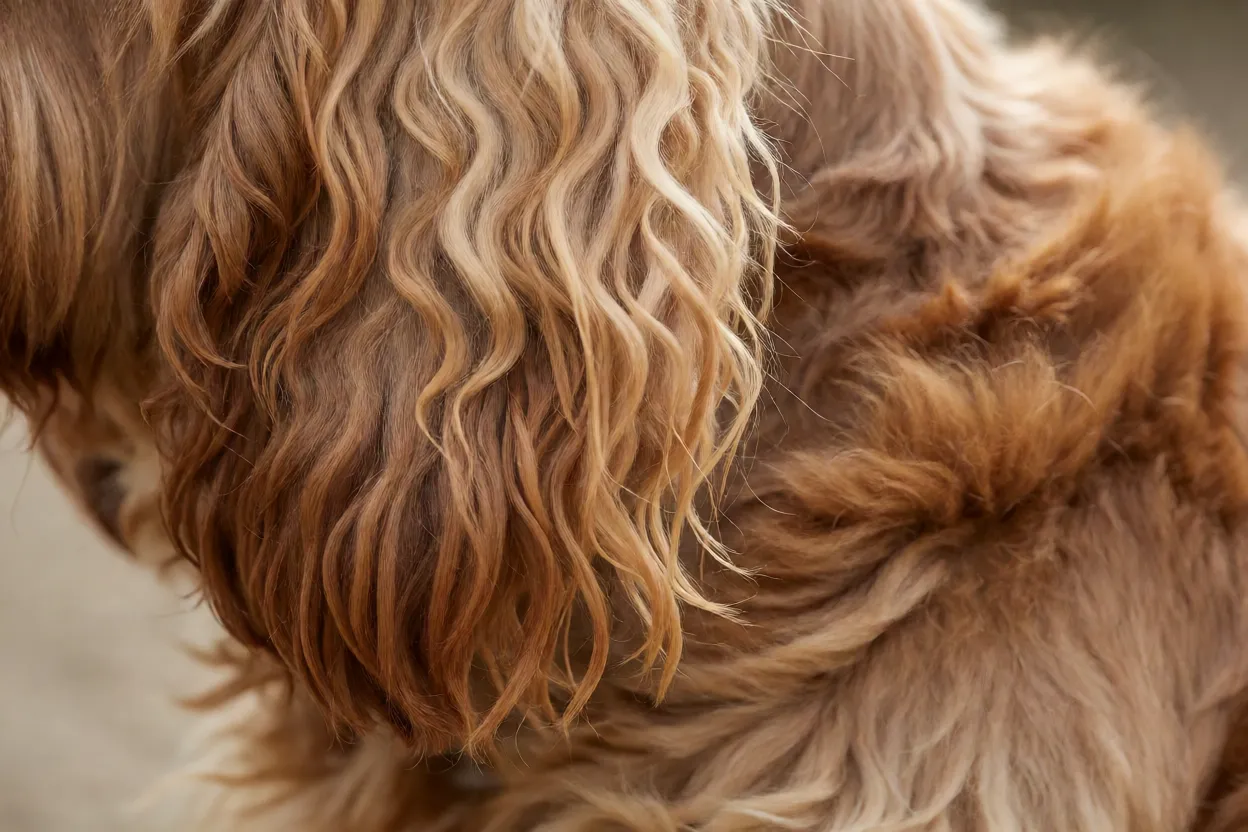 Detalhe da pelagem dourado fígado do Sussex Spaniel com franjas