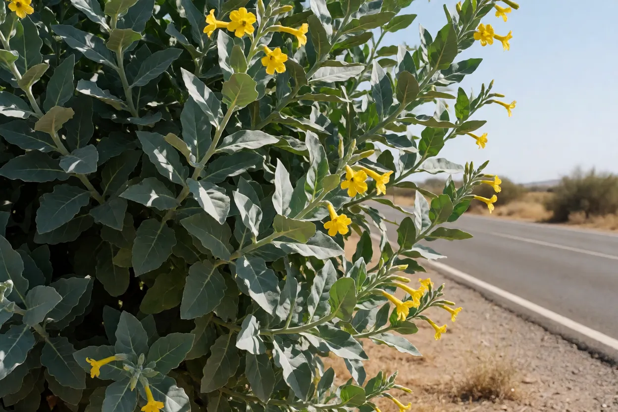 Tabaco-arbóreo adulto com folhas azuladas e flores amarelas em terreno baldio