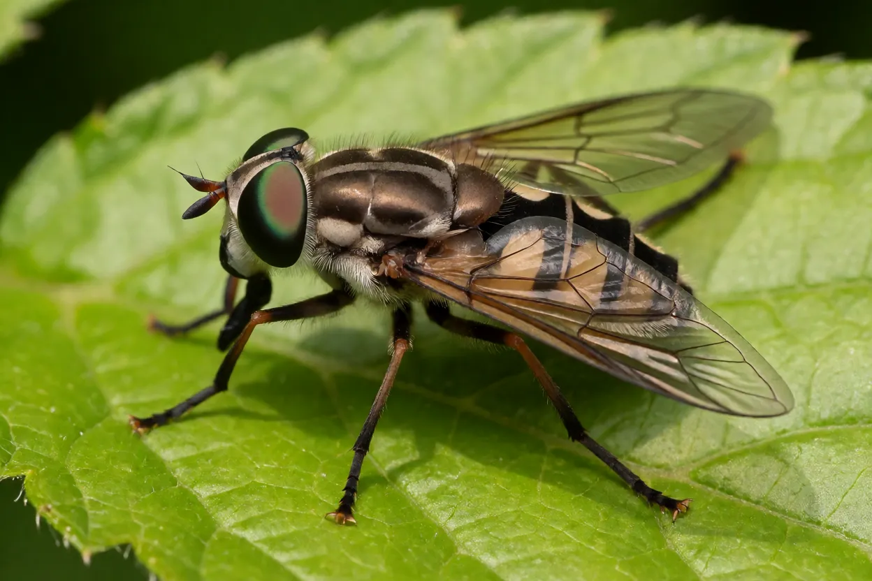 Tábano Tábano adulto pousado em folha verde visto em macro