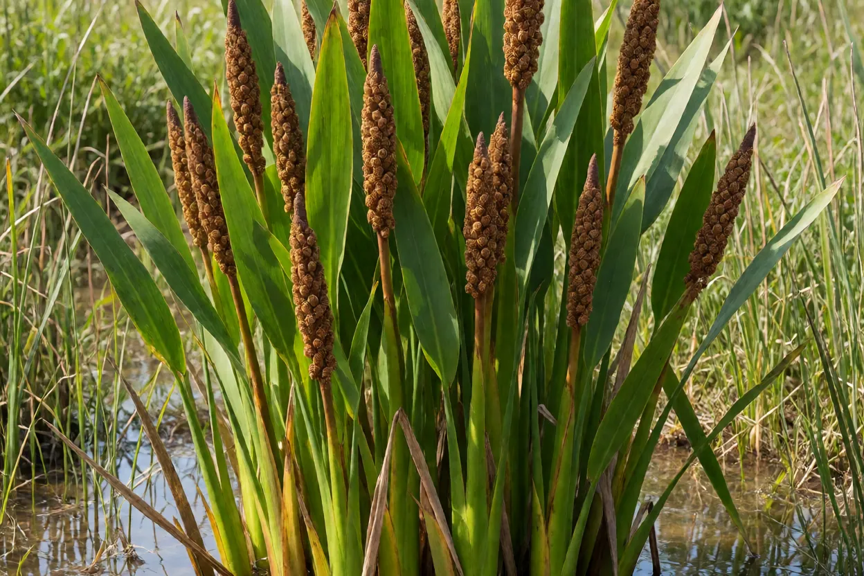 Taboa adulta Typha domingensis em brejo com espigas marrons cilíndricas