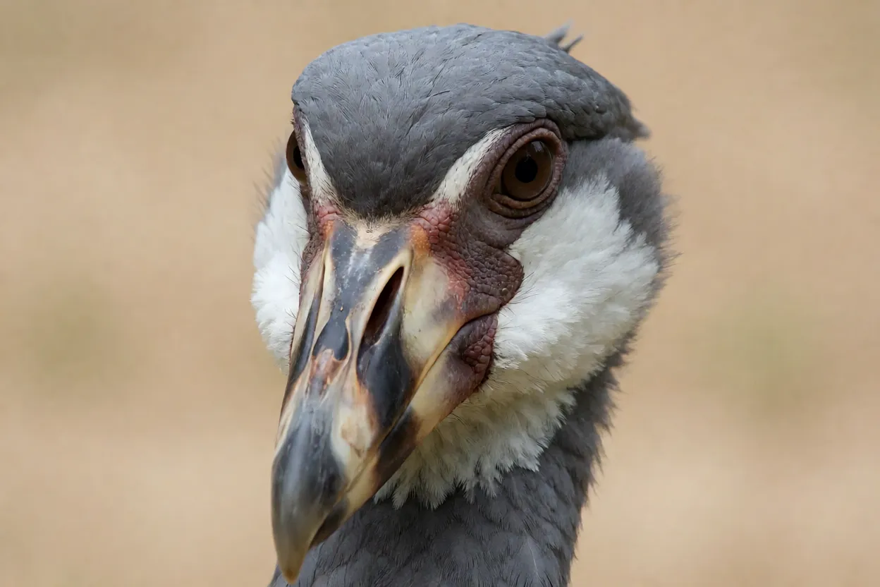 Retrato em close da cabeça do tachã mostrando bico e colar