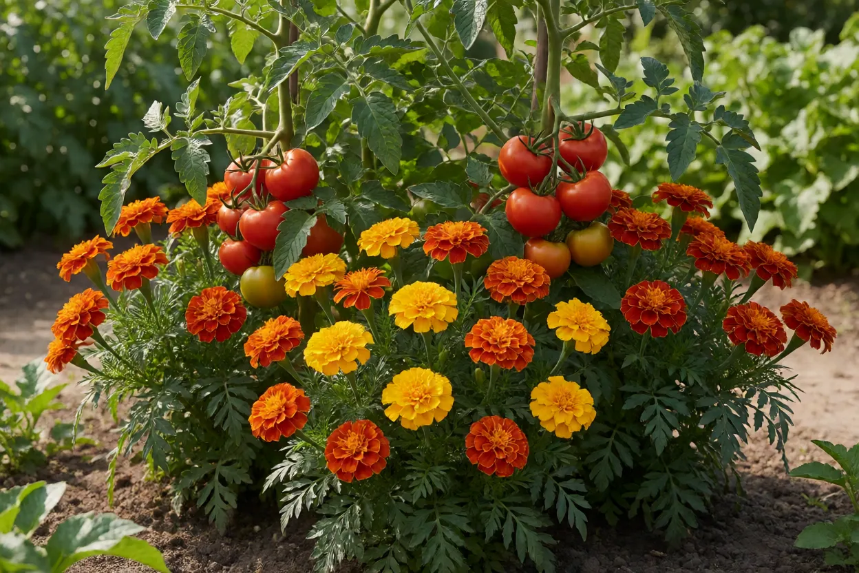 Tagetes plantadas entre tomateiros em horta