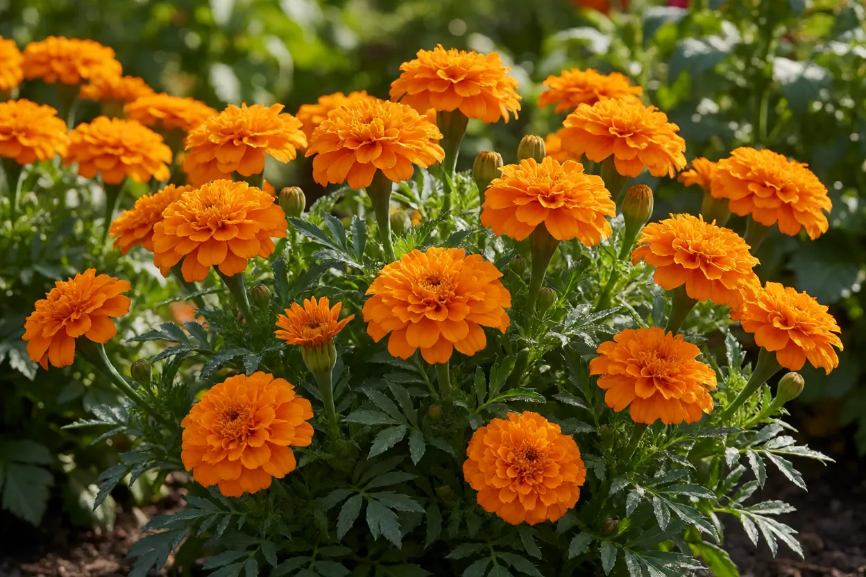 Canteiro de tagetes em pleno sol com flores laranja vibrantes