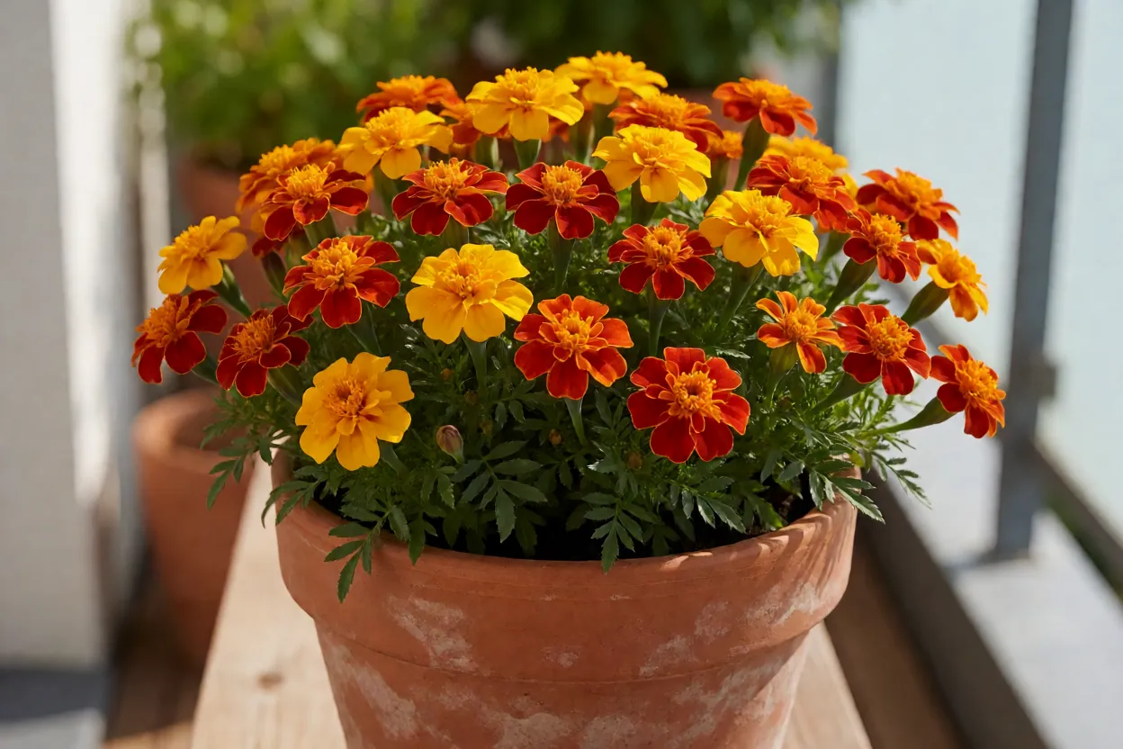 Tagetes-anão cultivado em vaso de barro em varanda ensolarada