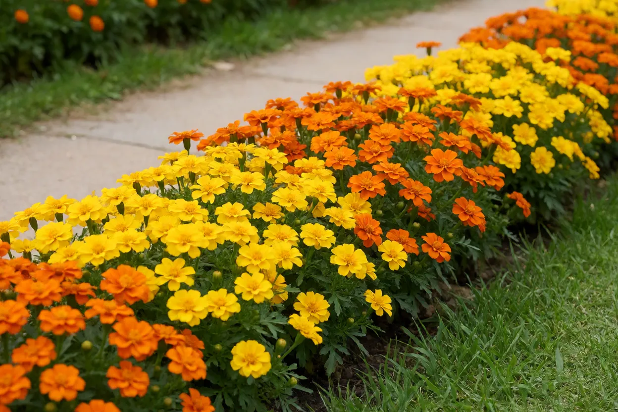 Bordadura de Tagetes-anão contornando caminho no jardim