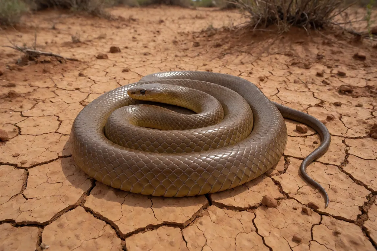Taipan-do-interior adulta enrolada sobre solo argiloso rachado na Austrália