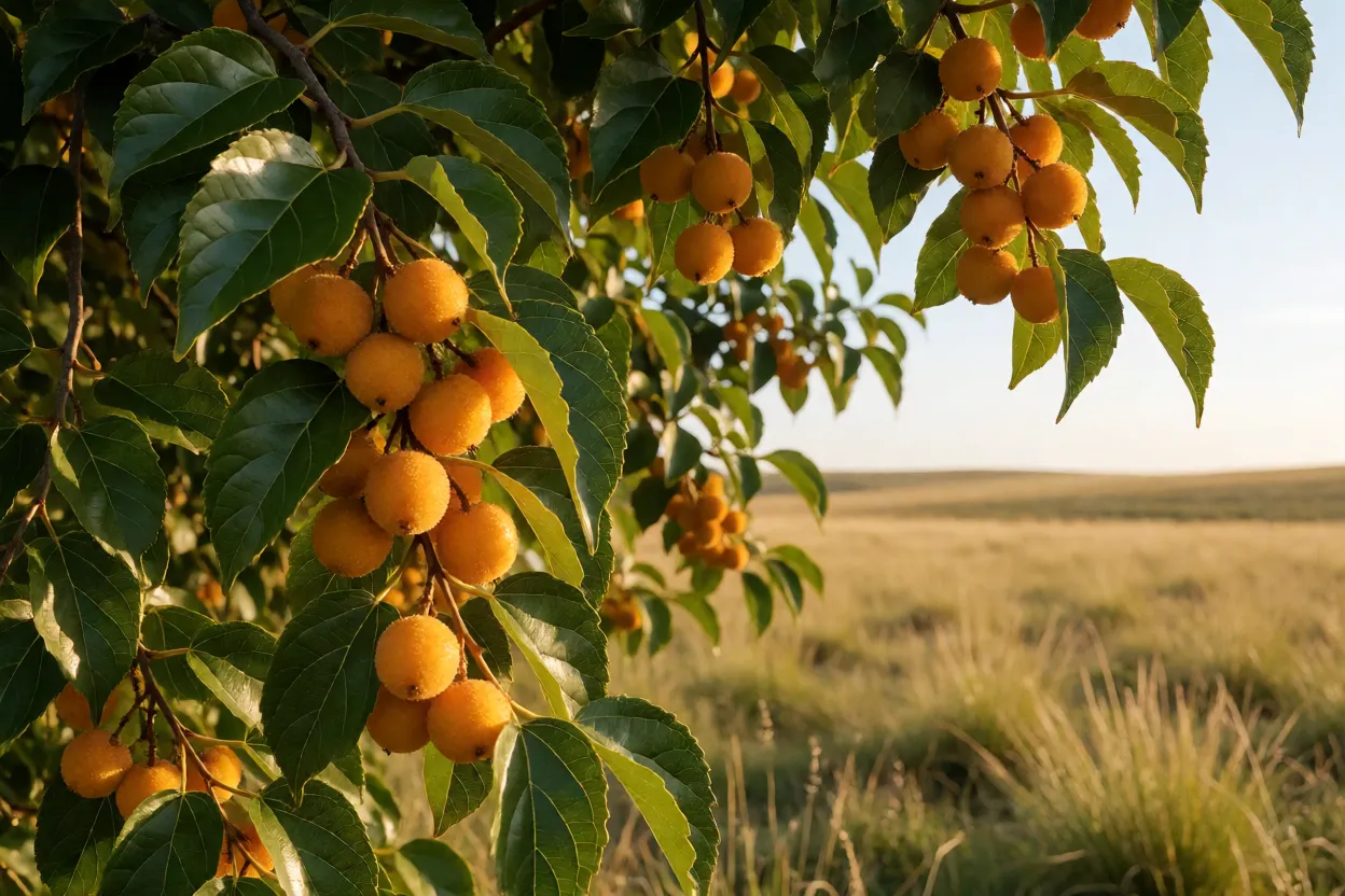 Árvore de tala carregada de frutos alaranjados no Pampa