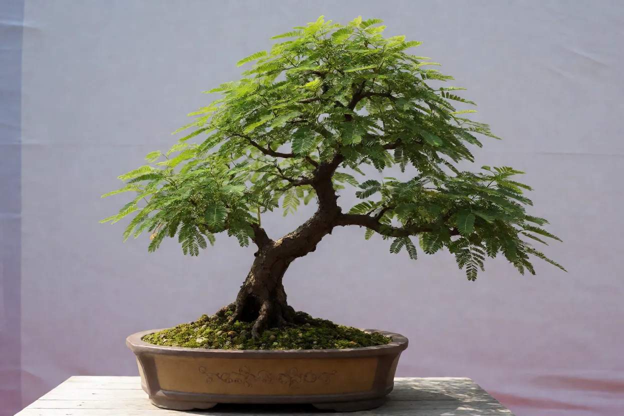 Tamarindeiro conduzido como bonsai em vaso raso
