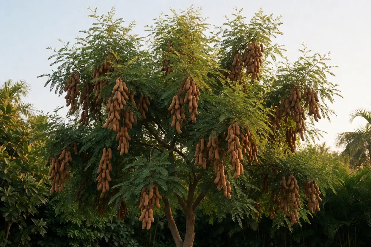 Tamarindeiro carregado de frutos em quintal espa&ccedil;oso