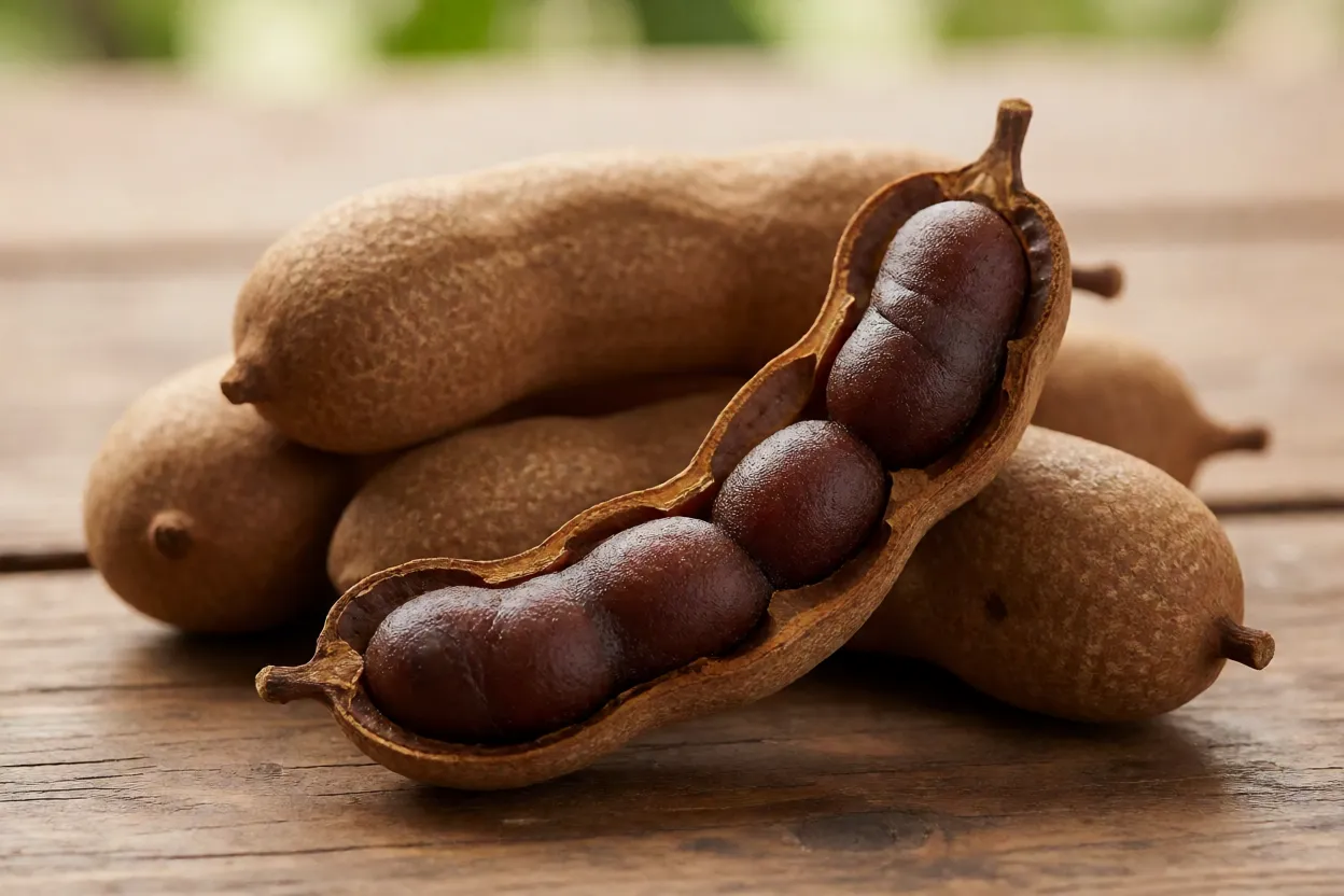 Tamarindo fresco inteiro e aberto mostrando polpa escura e sementes