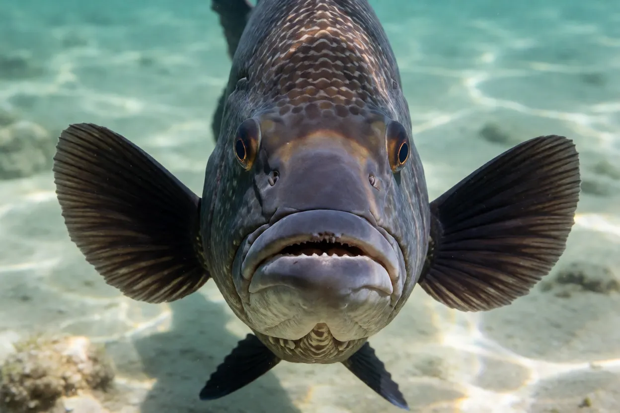 Close da cabeça da tambatinga mostrando boca e dentes molariformes