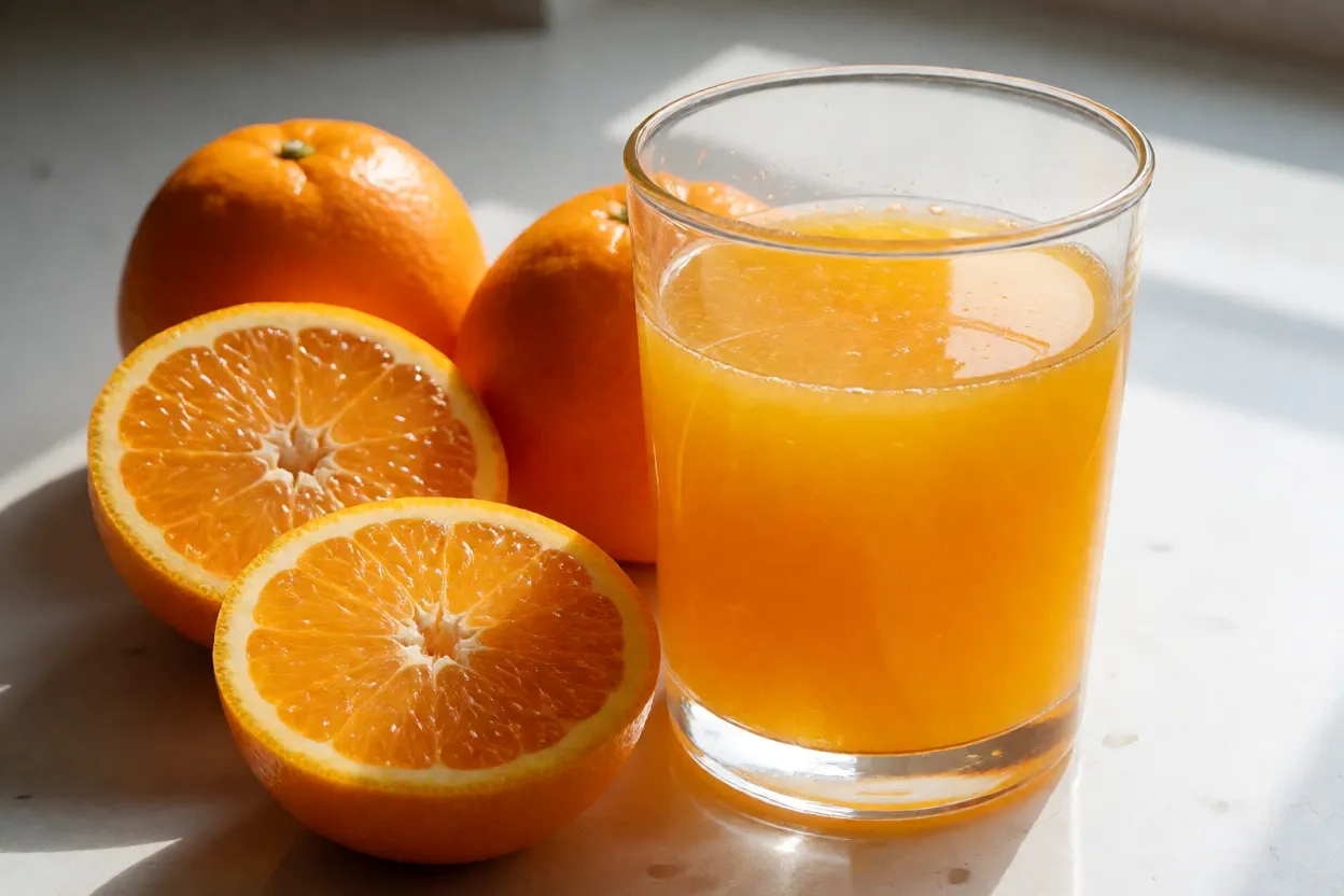 Suco natural de tangelo com frutas cortadas ao lado