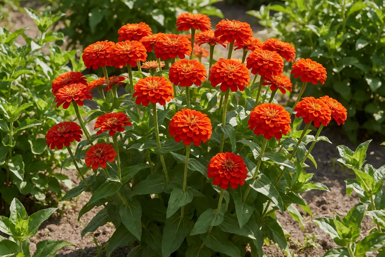 Flor Tango laranja-avermelhada em canteiro a pleno sol