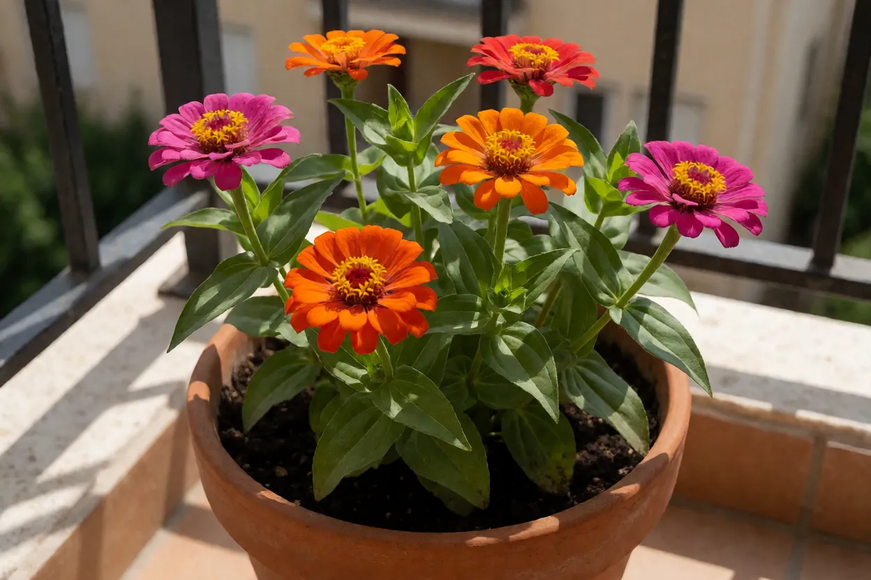 Flor Tango cultivada em vaso de barro em varanda ensolarada
