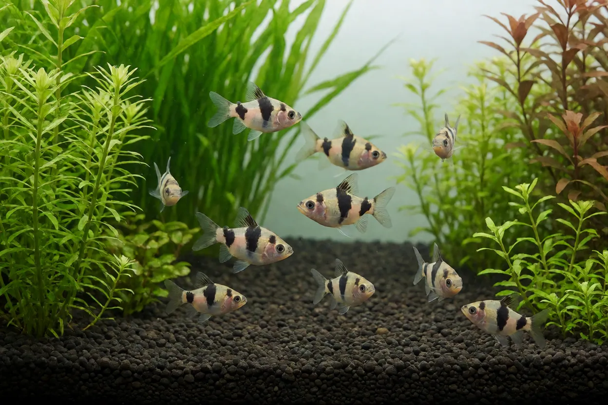 Cardume de Tanictis nadando em aquário plantado
