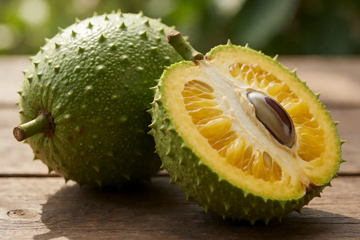 Frutos de taperebá inteiros e cortado ao meio mostrando polpa amarela e semente