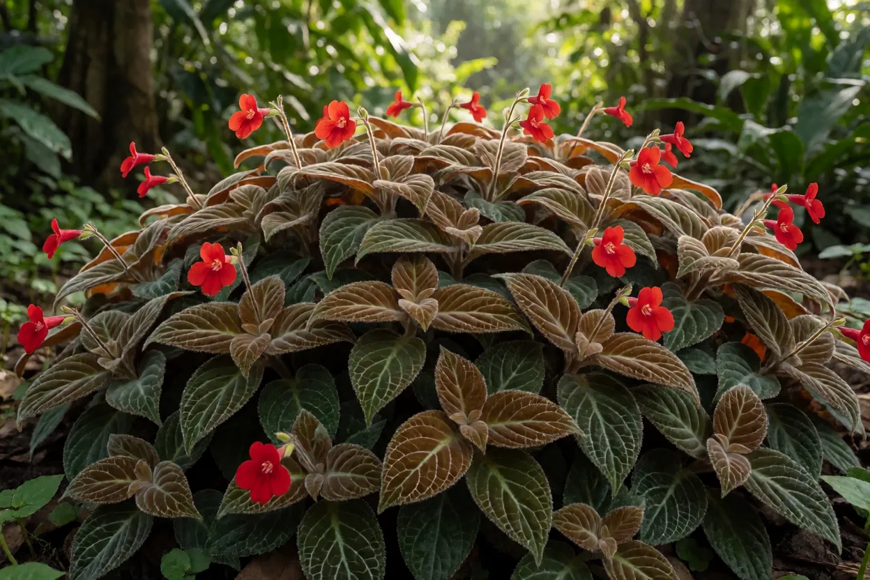 Tapete-inglês adulto formando forração densa com folhas aveludadas cobre-esverdeadas e flores vermelhas