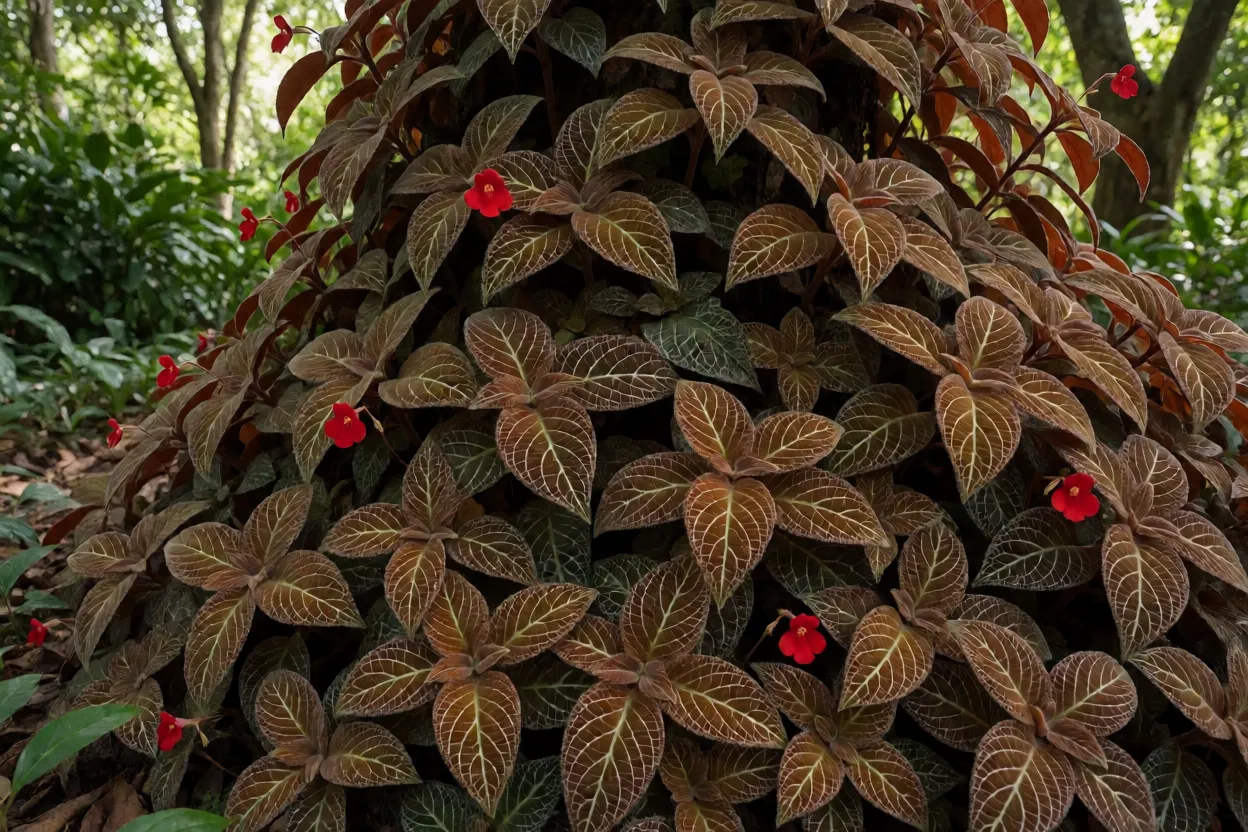Tapete-persa adulto formando forração densa com folhas acobreadas e flores vermelhas