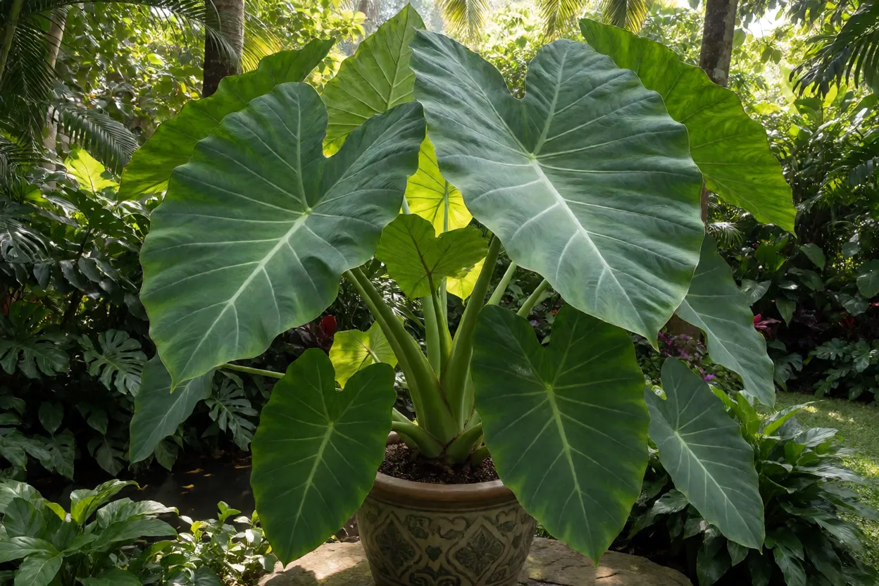 Taro ornamental adulto em vaso grande com folhas gigantes em forma de coração