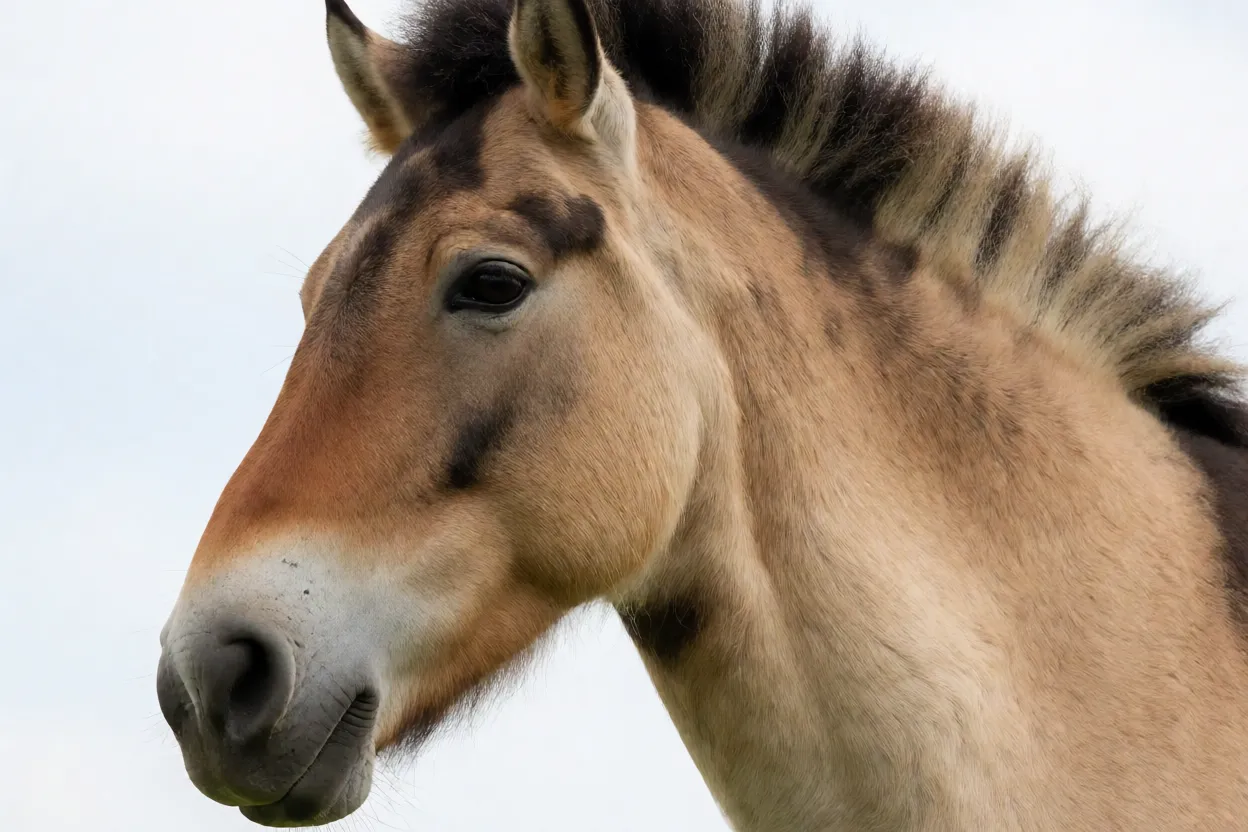 Retrato da cabeça do cavalo Tarpan mostrando focinho claro e crina ereta