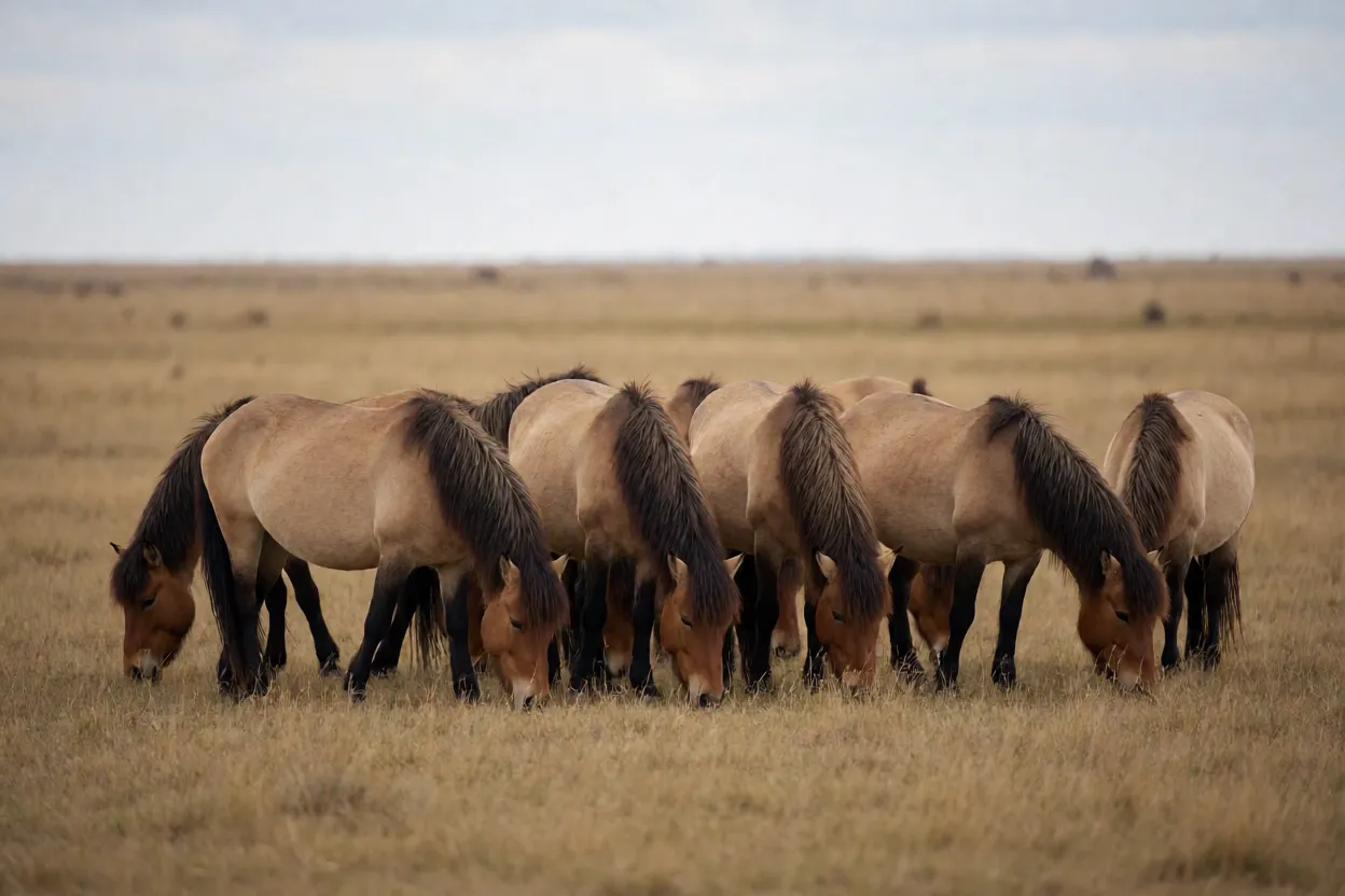 Manada de cavalos Tarpan pastando na estepe