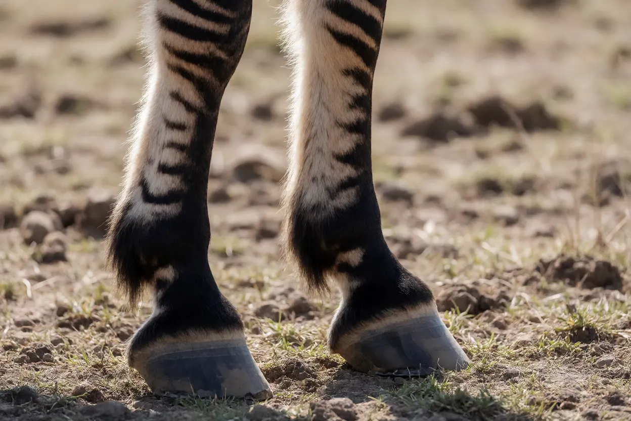 Detalhe das pernas listradas e cascos do cavalo Tarpan