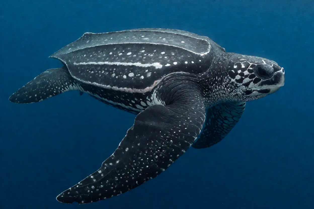 Tartaruga-de-couro adulta nadando em oceano aberto vista lateral