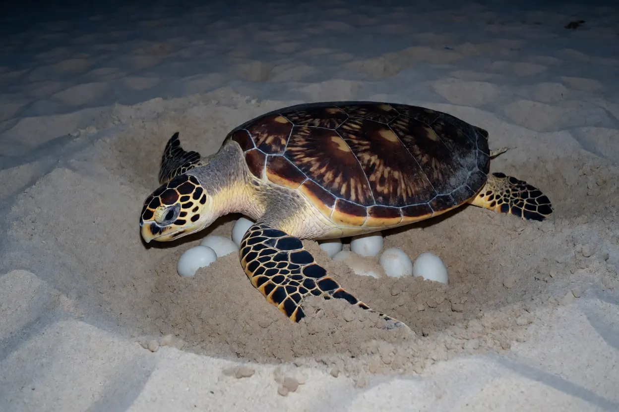 Fêmea de tartaruga-de-pente desovando na areia à noite