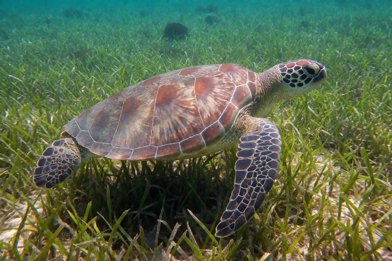 Tartaruga-verde adulta nadando sobre banco de gramas marinhas em oceano tropical