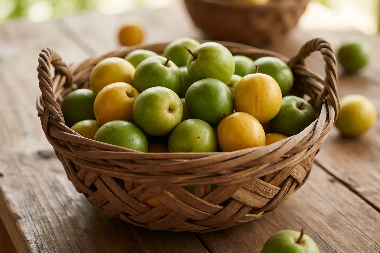 Cesto com colheita de frutos de tarumã-de-espinho