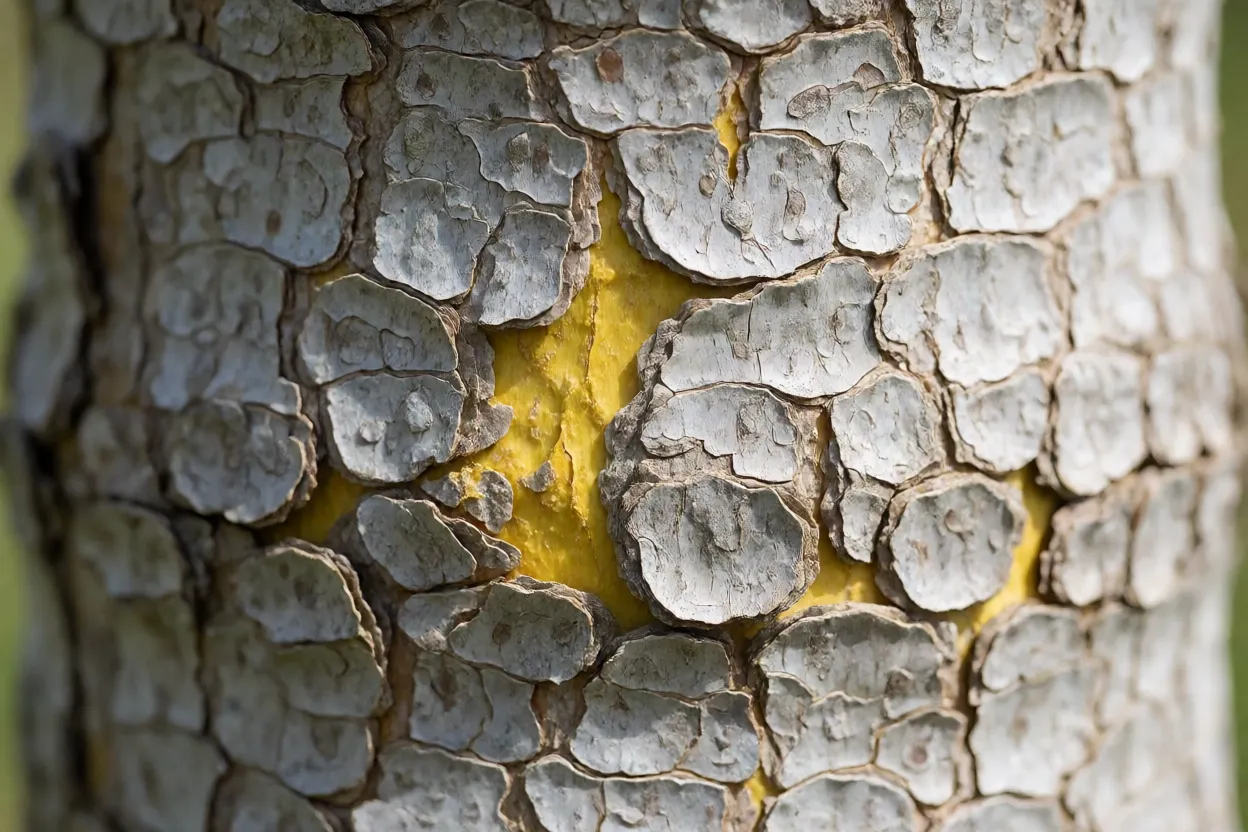 Tronco e casca escamosa da tatajuba com látex amarelo
