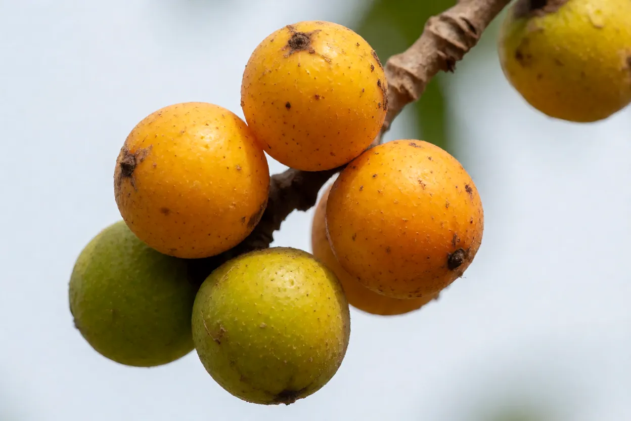 Frutos amarelo-alaranjados da tatajuba no galho