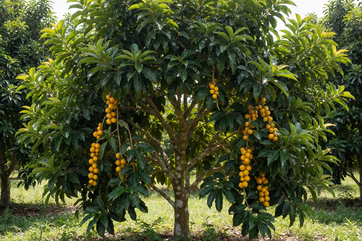 Árvore da Taun com copa densa e frutos amarelos pendentes