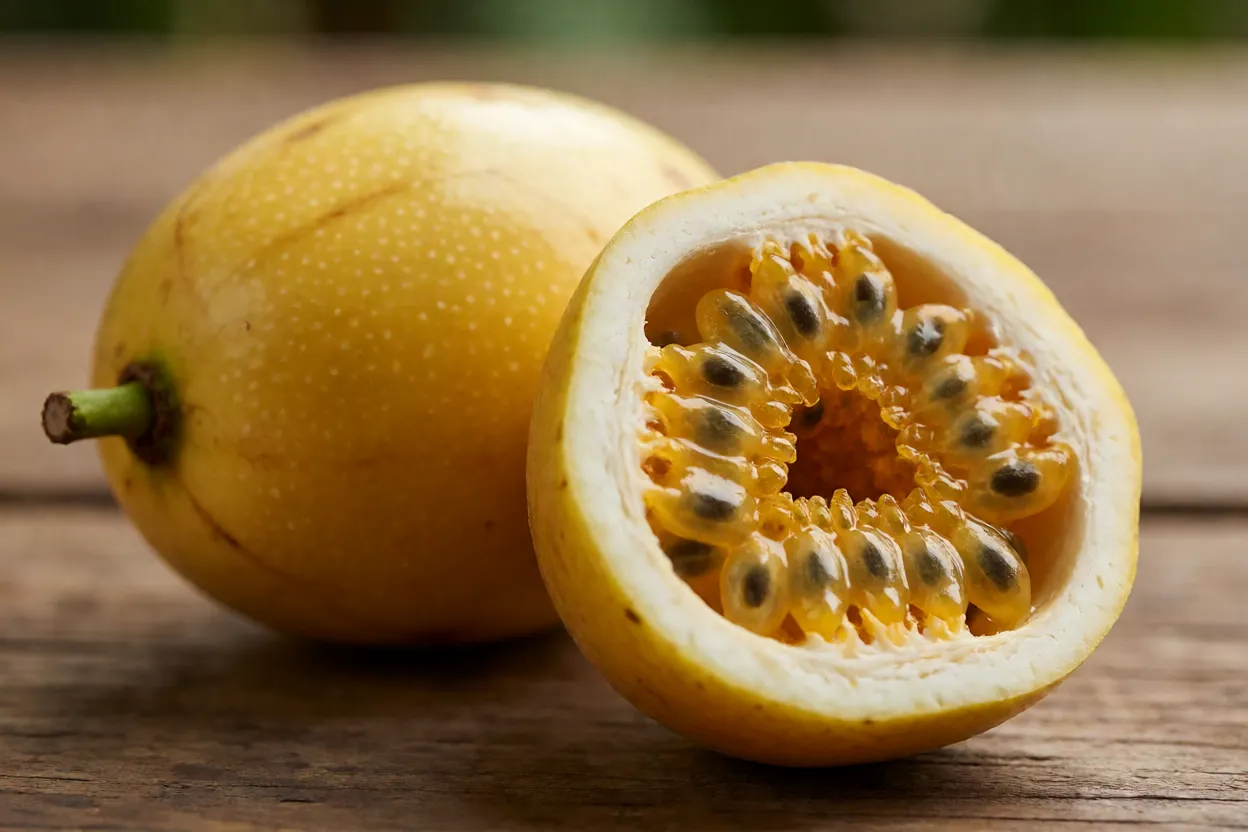 Fruta taxo inteira e cortada ao meio mostrando polpa laranja com sementes