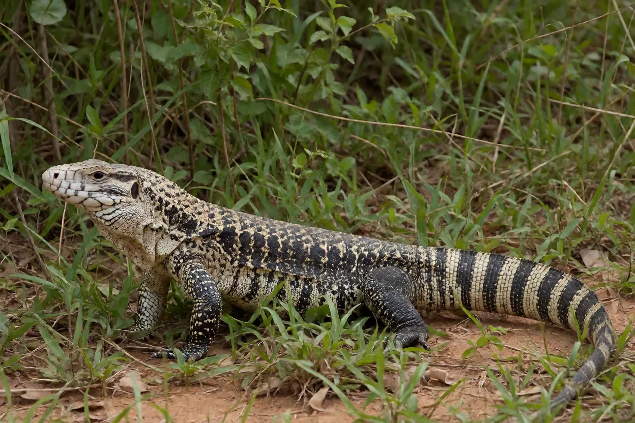 Teiú adulto de corpo inteiro no Cerrado brasileiro