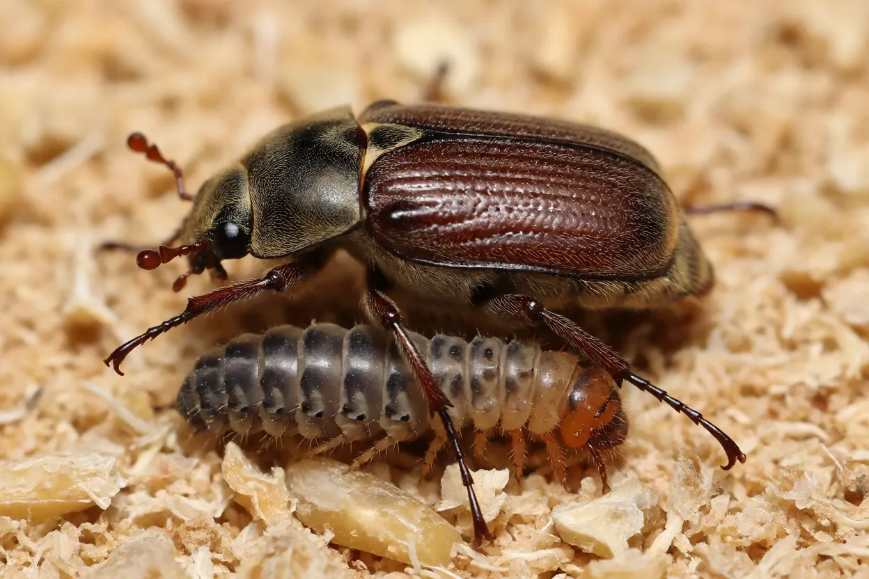 Tenébrio Tenebrio molitor larva dourada e besouro adulto preto sobre farelo