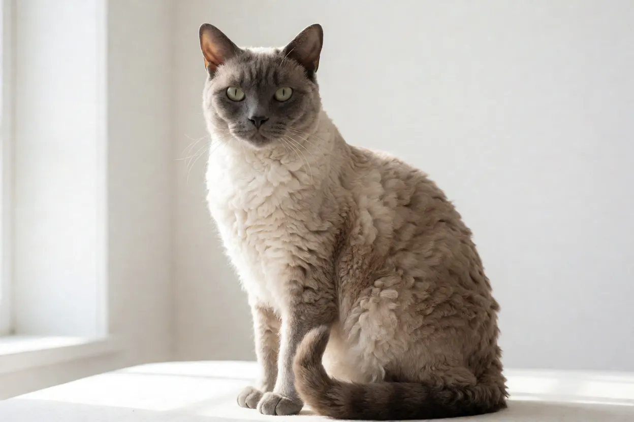 Gato Tennessee Rex adulto de corpo inteiro com pelagem encaracolada e brilho acetinado