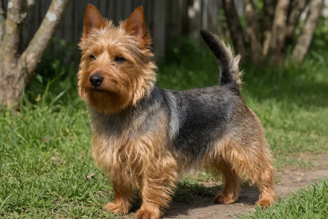 Terrier Australiano adulto de corpo inteiro ao ar livre com pelagem áspera azul e castanho
