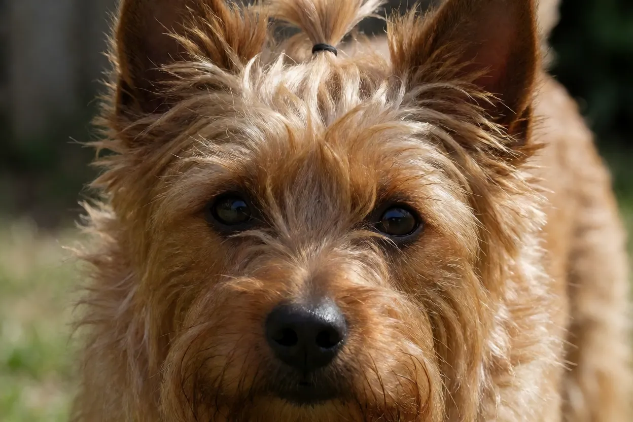 Retrato close do rosto do Terrier Australiano mostrando topete claro e orelhas eretas