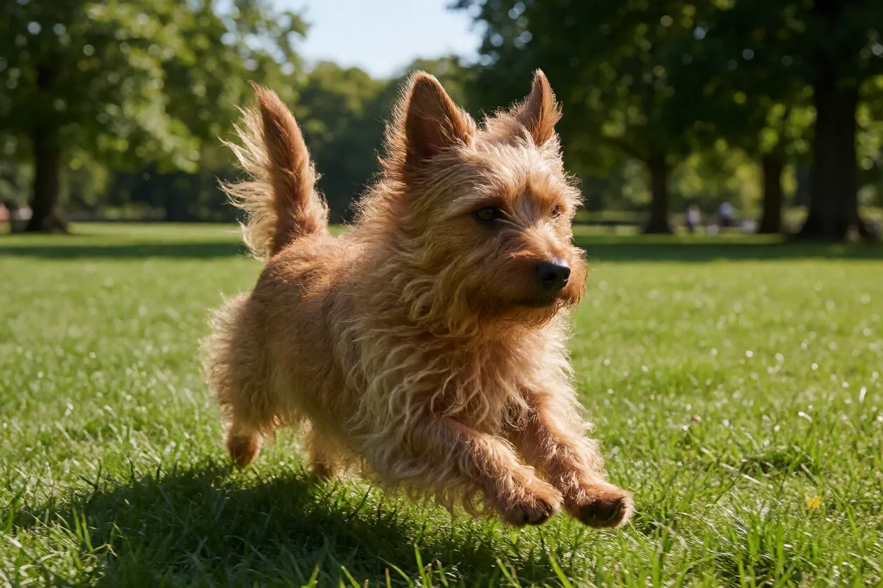 Terrier Australiano correndo em parque com energia