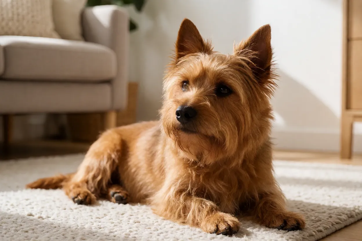 Terrier Australiano relaxando em casa sobre tapete
